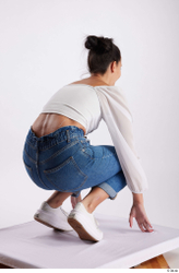 Whole Body Woman White Casual Slim Kneeling Studio photo references